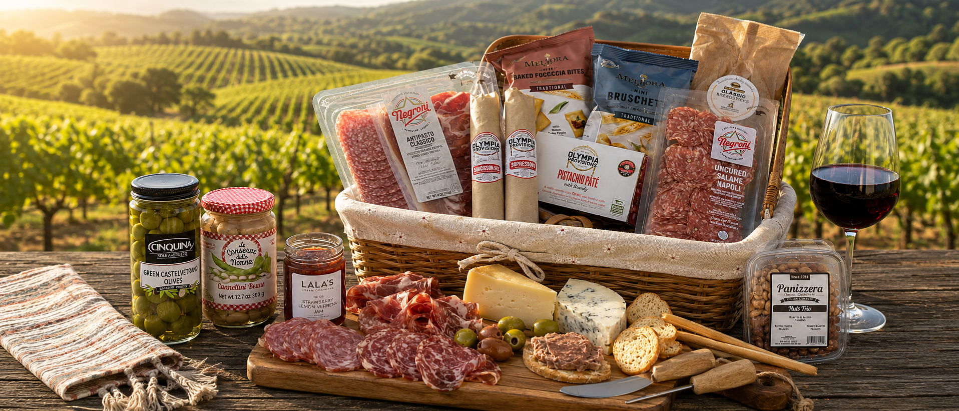 A gourmet wine and cheese charcuterie hamper arranged on a rustic wooden table with a vineyard landscape in the background. The basket contains cured meats, cheeses, crackers, and jars of pickles, alongside a glass of red wine.